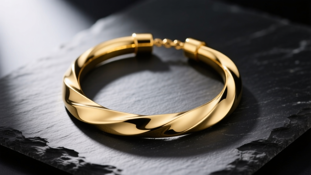 Matte-finished 14k yellow gold rigid torc necklace resting on dark slate, showcasing seamless tapered terminals and polished edges