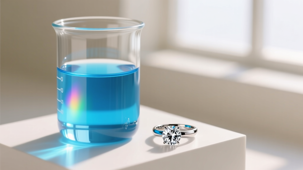 Glass beaker filled with bright blue ultrasonic jewelry cleaner liquid, reflecting studio lighting beside a platinum diamond ring.