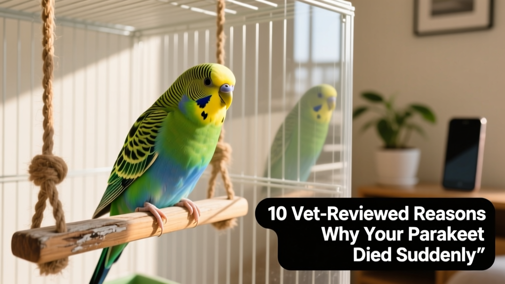 A healthy, vibrant parakeet perched calmly on a wooden swing inside a clean, well-lit cage