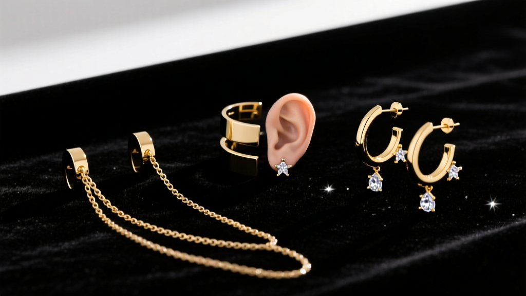 Flat lay of convertible trend earrings on black velvet, featuring detachable chains, ear cuffs, and 14k gold hoops with gem drop