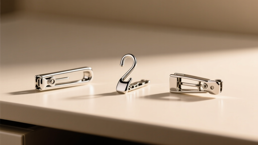 Close-up on a desk showing a standard push-back, a French shepherd hook, and a leverback closure under soft, warm studio lighting.