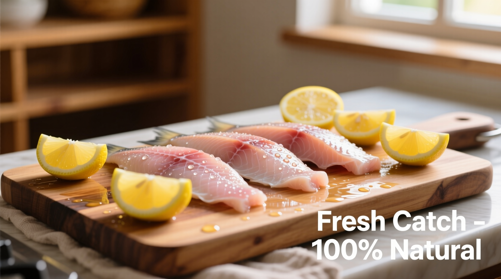 Fresh basa fillets on a cutting board with lemon slices