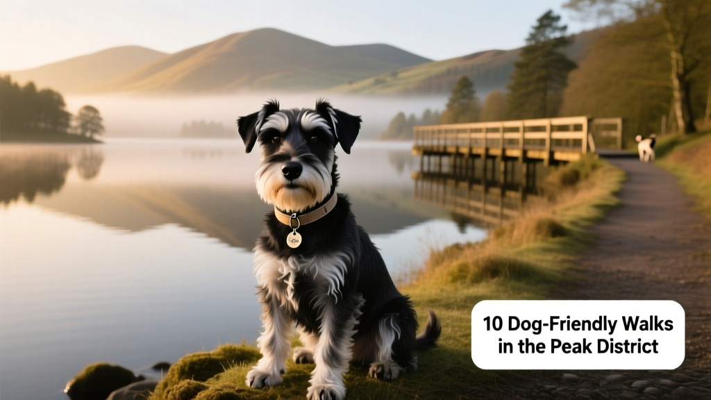 Miniature Schnauzer sitting beside Derwent Reservoir in the Peak District