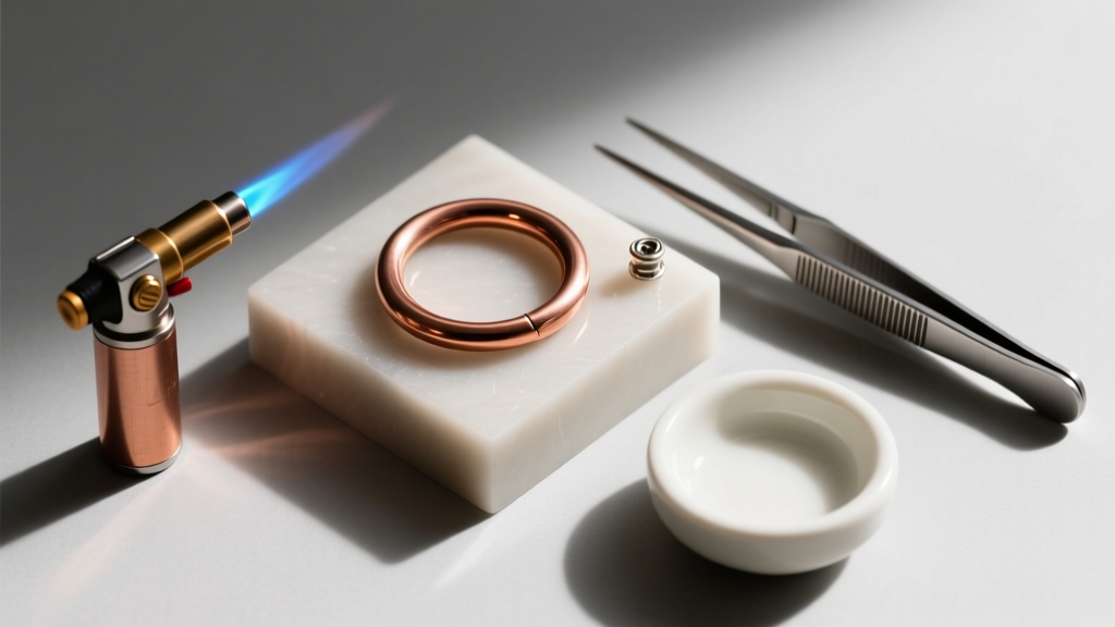 Top-down view of a copper jump ring, butane micro-torch, cross-locking tweezers, and a ceramic flux dish on a soldering block.