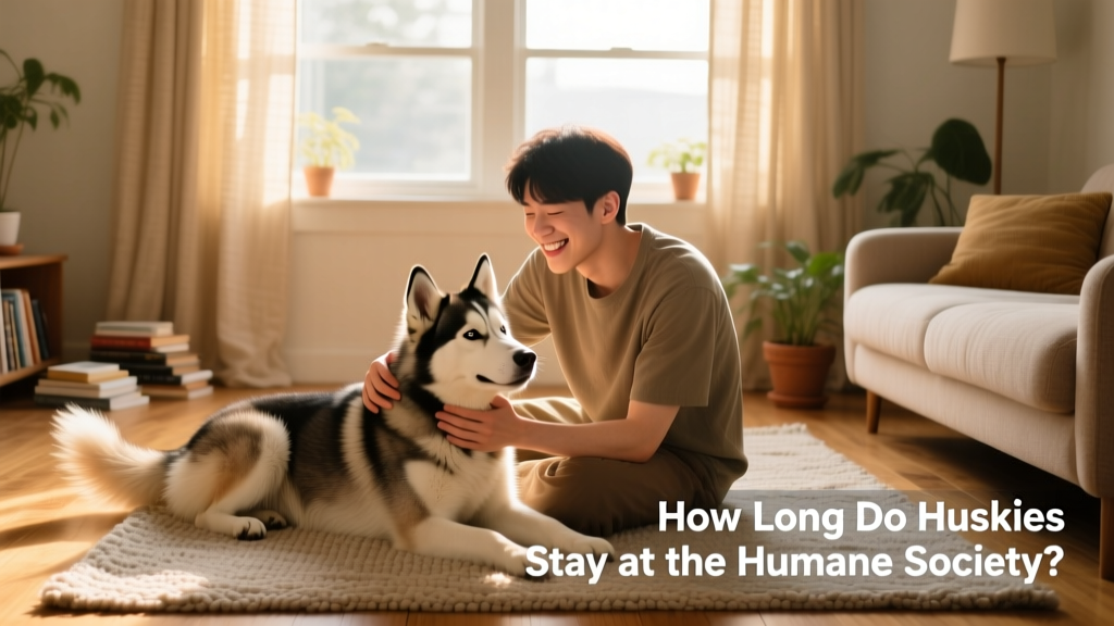 A person smiling while gently petting their Siberian Husky at home, both relaxed and connected