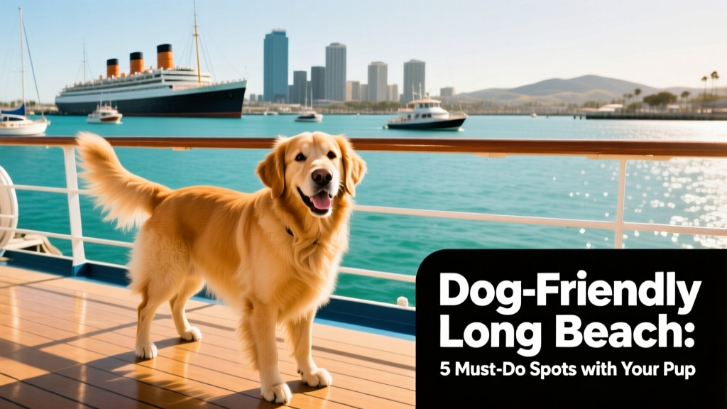 A dog standing happily on the deck of a harbor cruise boat in Long Beach, with water and skyline visible in the background