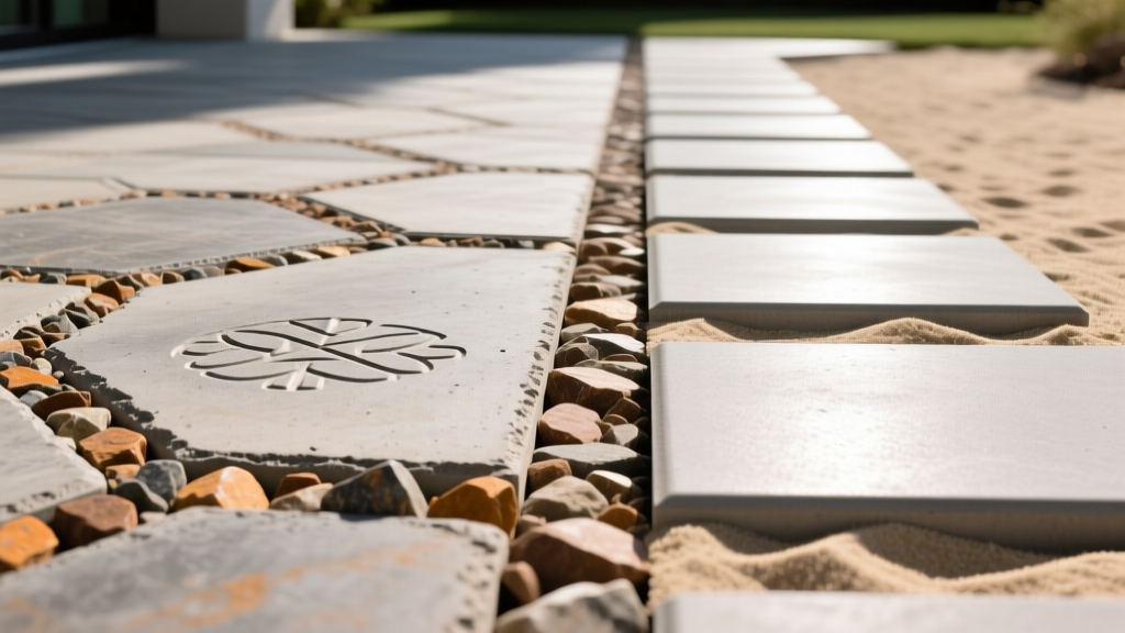 Close-up split view of a stamped concrete patio with exposed aggregate edges next to interlocking concrete pavers laid on compacted sand