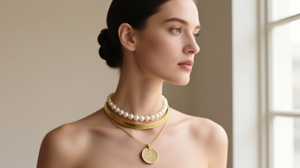 Woman wearing a layered stack with a 14-inch pearl choker, a 16-inch gold bar necklace, and an 18-inch textured coin pendant
