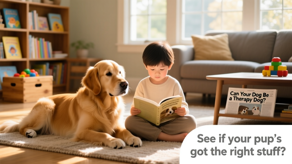 Golden retriever therapy dog lies next to a child reading
