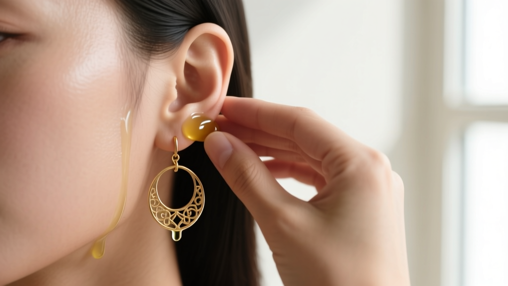 Earlobe massaged with jojoba oil to prevent stretching from heavy single earrings, soft natural light, clean minimalist background