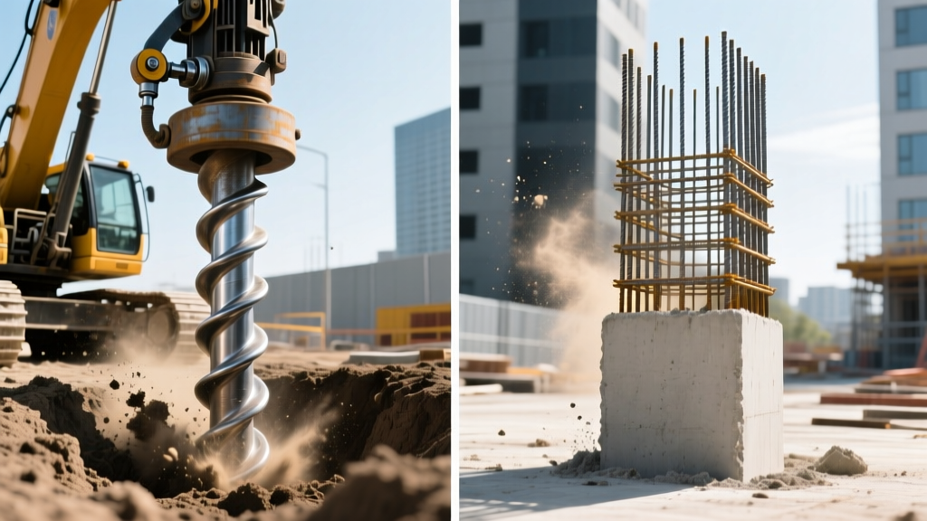 Split construction site showing a steel helical pile being torqued into soil beside a drilled concrete pier with exposed rebar cage