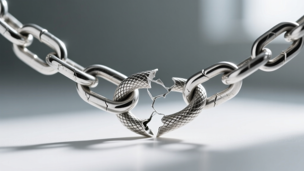 Macro photo of a kinked sterling silver snake chain showing compromised interlocking links and permanent structural metal bending.