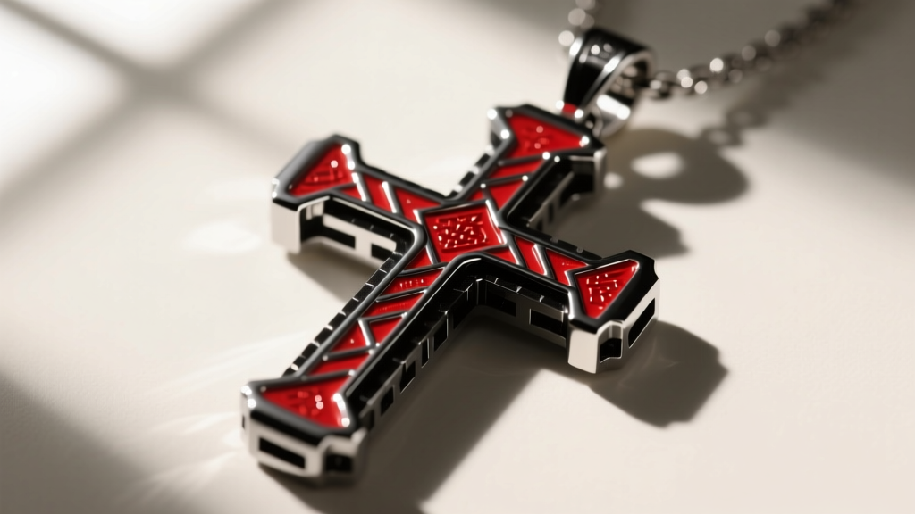 Macro shot of a black rhodium-plated silver cross pendant with red enamel accents, showing crisp pixelated edge detailing.