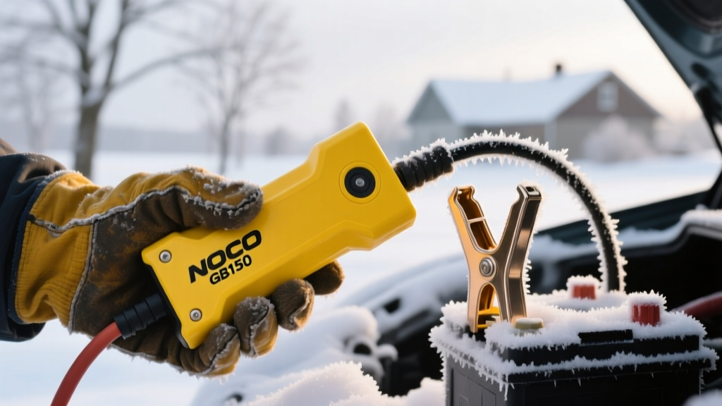 Close-up of hands using a bright yellow NOCO GB150 jump starter on a snow-covered car battery terminal in freezing winter conditions.
