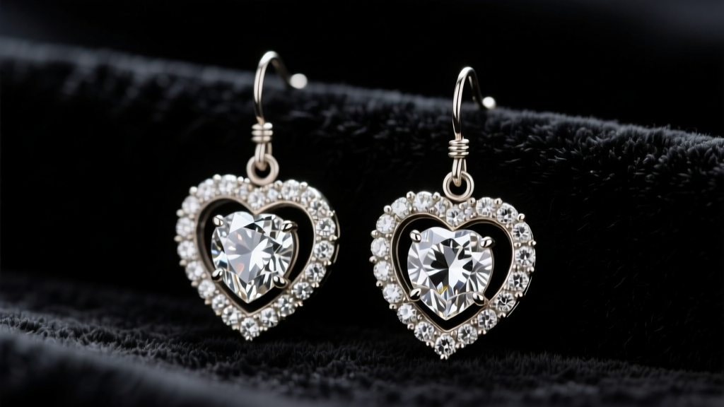 Close-up of heavy vintage heart-shaped diamond drop earrings on dark velvet, showing intricate articulated joints and thick wire.