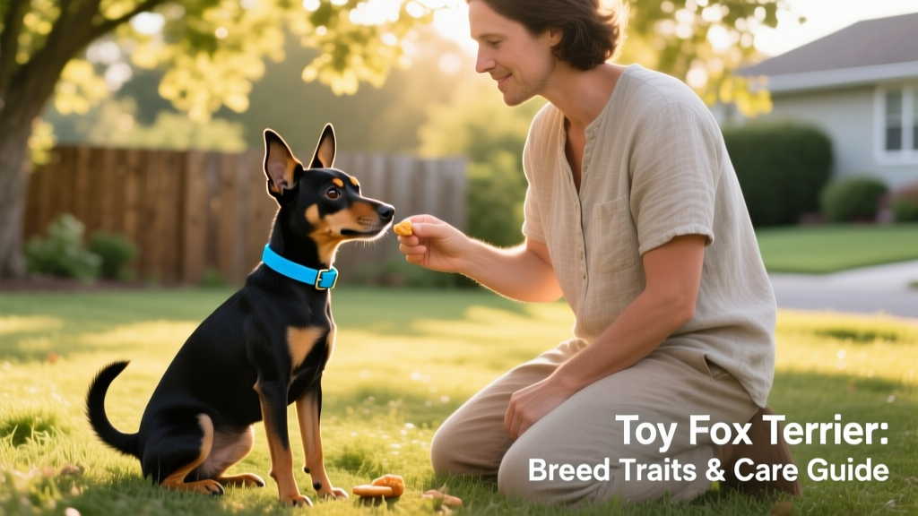 Toy Fox Terrier sitting attentively beside its owner during an outdoor training session, wearing a bright blue collar