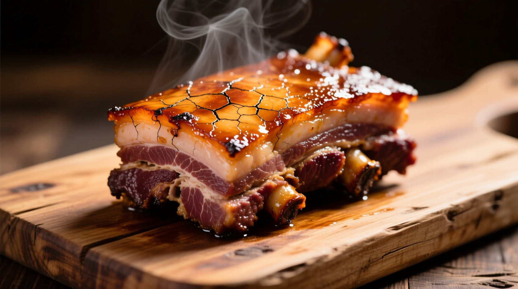 Perfectly cooked pork belly with crispy skin on wooden board