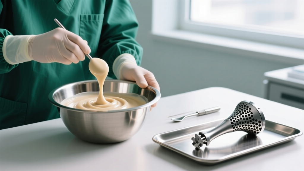Surgeon mixing PMMA bone cement in a sterile bowl next to a porous titanium knee replacement implant on a metallic surgical tray
