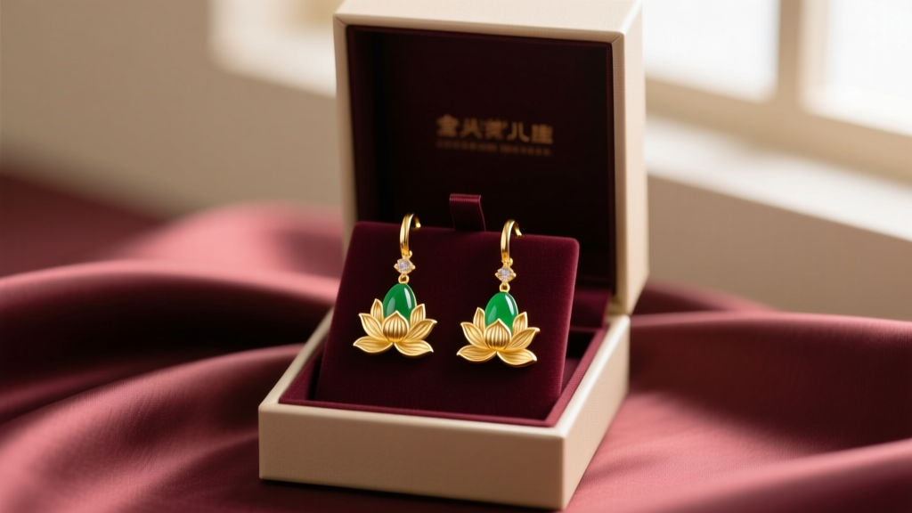 Elegant gift box open on a silk cloth revealing 18k gold and Type A jadeite drop earrings with lotus motifs in soft lighting