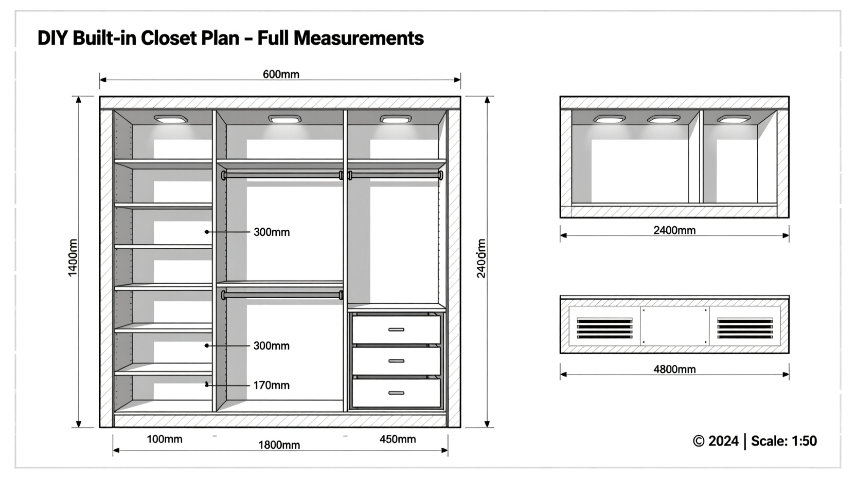 DIY built-in closet planning diagram with measurements
