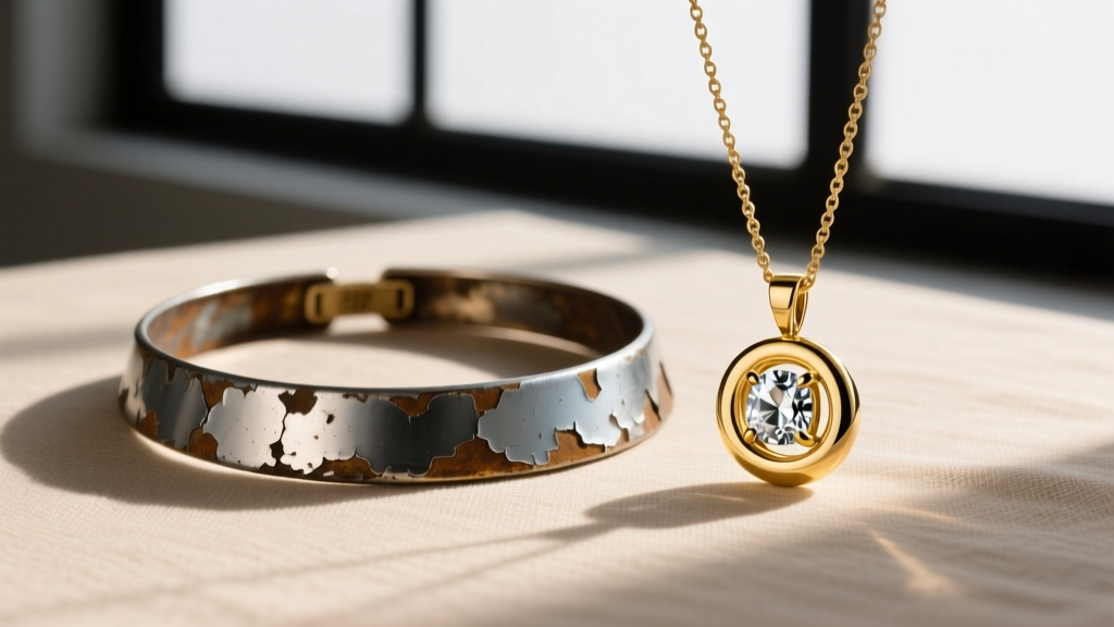 Zinc alloy necklace with peeling paint next to a polished 14k gold Ursula pendant featuring secure prong gemstone settings.