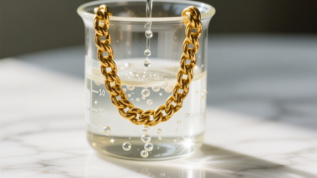 Close-up of a tarnished 14k yellow gold rope chain being lowered into a glass beaker of clear jewelry cleaning solution for gold.