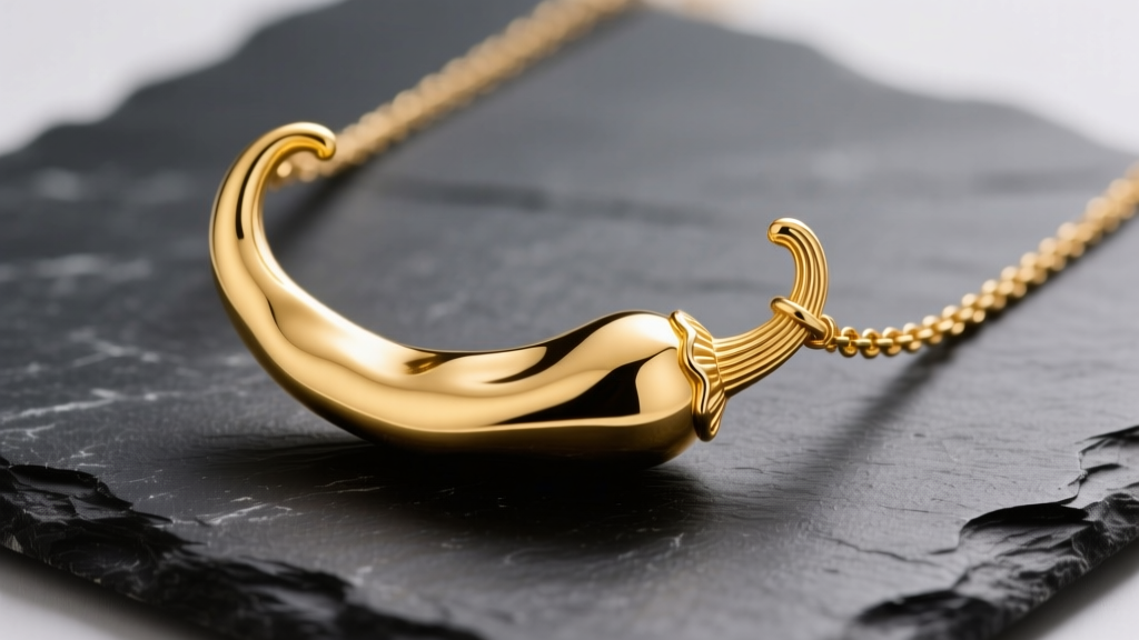 Macro shot of an 18k yellow gold Italian chili pepper necklace on dark slate, showing the curved horn silhouette and ribbed bail.
