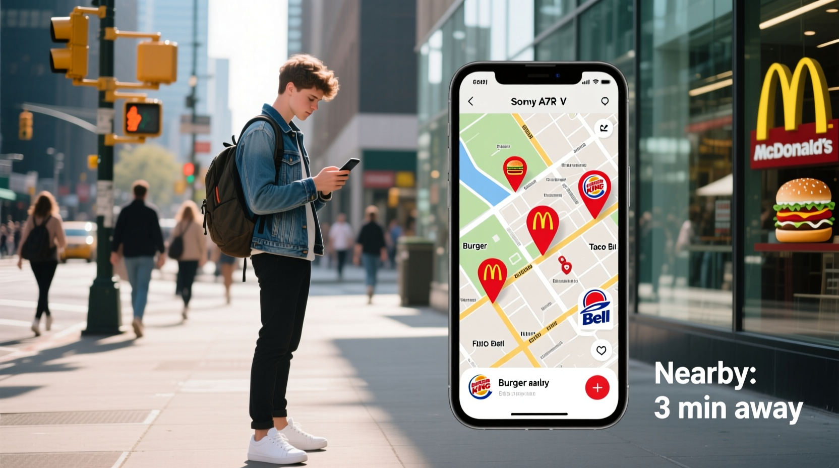 Person checking smartphone for nearby open fast food restaurants