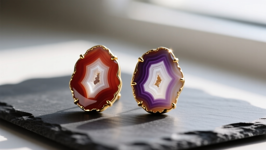 Close-up of a pair of natural, undyed banded agate geode earrings set in 14k gold-filled bezels, resting on a dark slate surface.