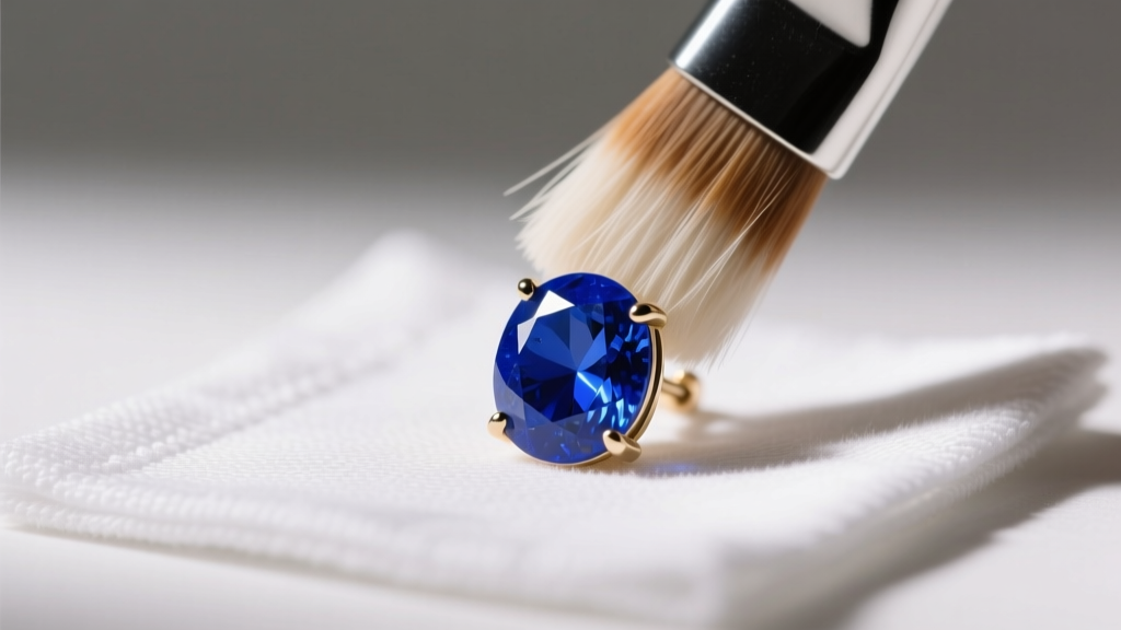 Soft-bristled brush cleaning a royal blue lapis lazuli stud earring on a microfiber cloth, avoiding an ultrasonic jewelry bath.