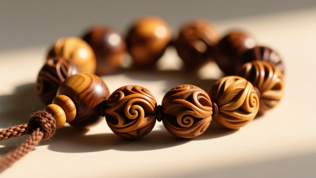 Macro shot of carved Mysore sandalwood beads showing tight wood grain on knotted brown cotton cord, illuminated by warm sunlight.