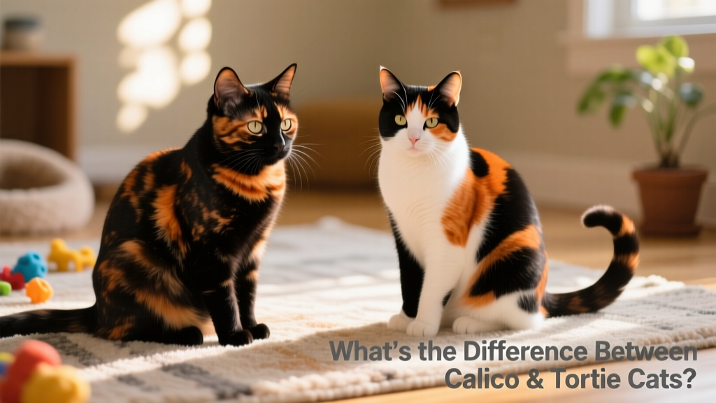 Side-by-side comparison of a tortoiseshell cat with mottled black-and-orange fur and a calico cat with clearly defined black, orange, and white patches