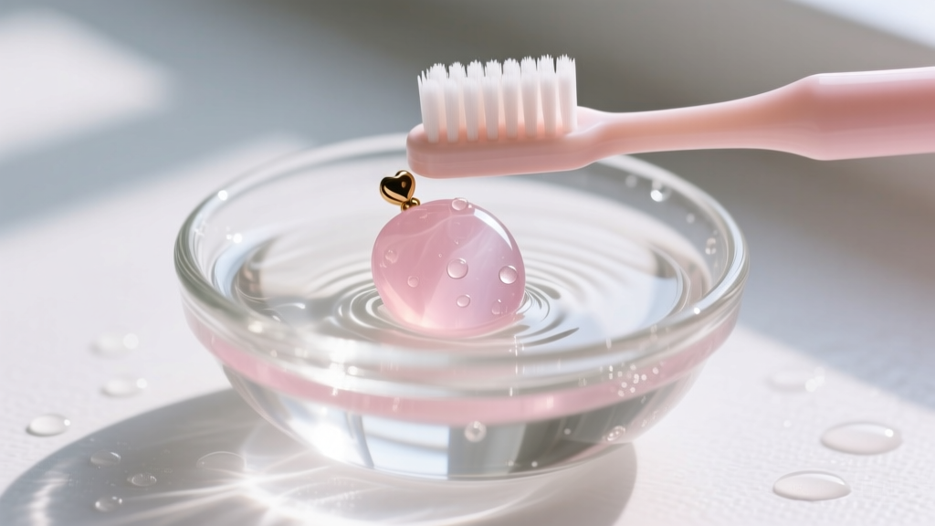 Close-up of soft baby toothbrush gently scrubbing rose quartz cabochon pendant in small glass bowl of soapy lukewarm water