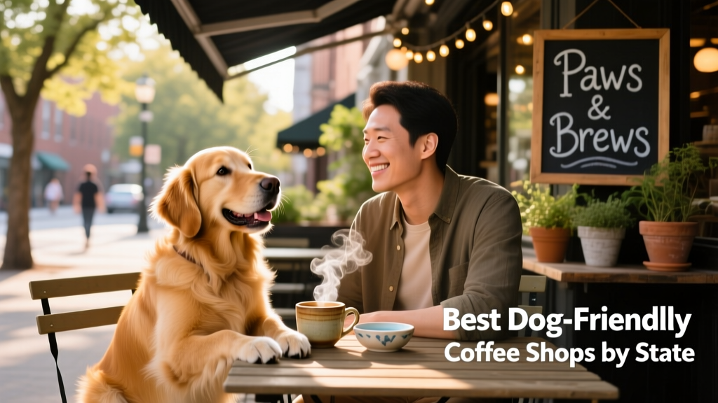 A cheerful golden retriever sitting beside its owner at a sunny outdoor café table with coffee cups and a small bowl of water