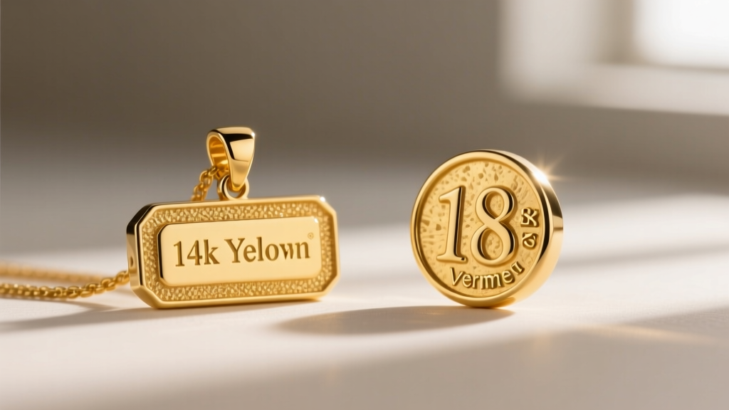 Macro photography of a 14k yellow gold nameplate pendant next to an 18k gold vermeil piece, showing the rich color difference.