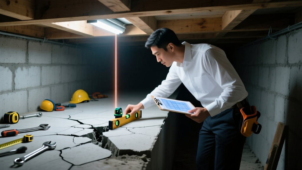 Structural engineer inspecting a cracked concrete slab foundation with a laser level and clipboard in a dimly lit crawl space access area