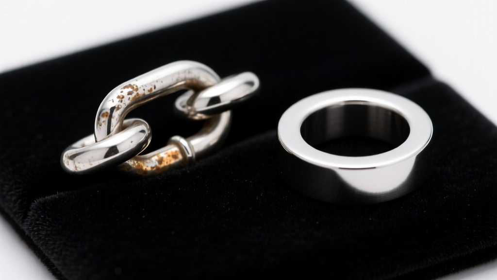 Tarnished sterling silver chain link beside a pristine titanium link on a dark velvet jewelry pad under bright studio light