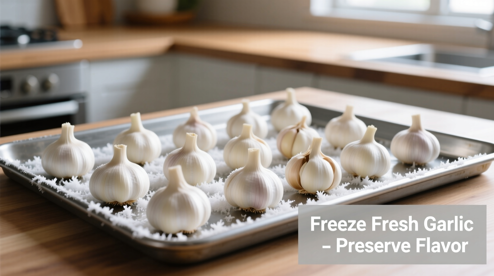 Fresh garlic cloves arranged on baking sheet for freezing