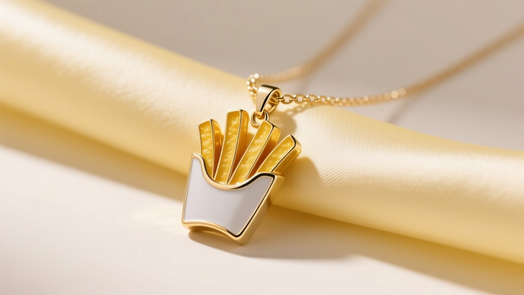 Gold-plated silver necklace with an enamel French fry pendant resting on pastel yellow silk under soft, warm directional lighting.