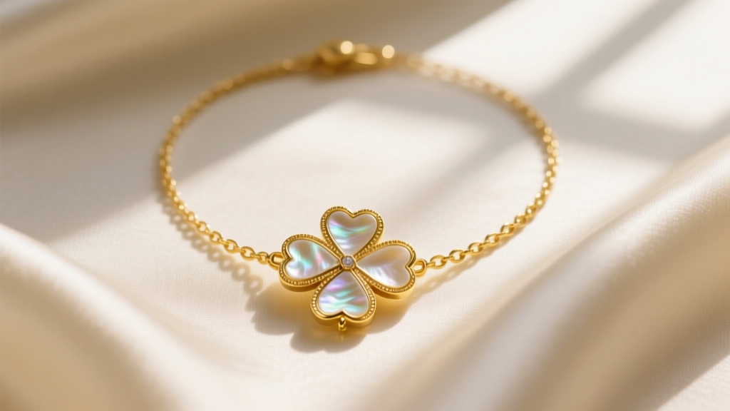 Top-down view of a yellow gold 4 leaf necklace with mother of pearl inlay resting on cream silk under soft, natural window lighting