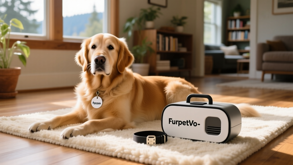 A relaxed golden retriever resting on a soft rug indoors, next to a FurPetVo-branded pet care kit with a collar tag reading 'furpetvo.com'