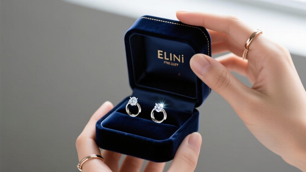 Hands opening a dark velvet Elani fine jewelry box revealing a pair of lab-grown diamond huggie hoop earrings