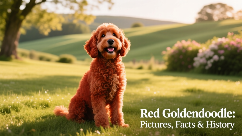 A smiling red Goldendoodle with soft, wavy coat sitting on a sunlit grassy lawn