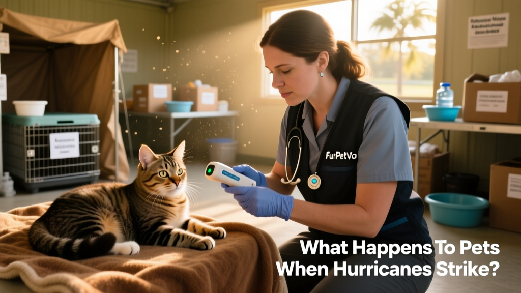 A veterinarian scanning a calm cat for a microchip at a FurPetVo disaster relief station