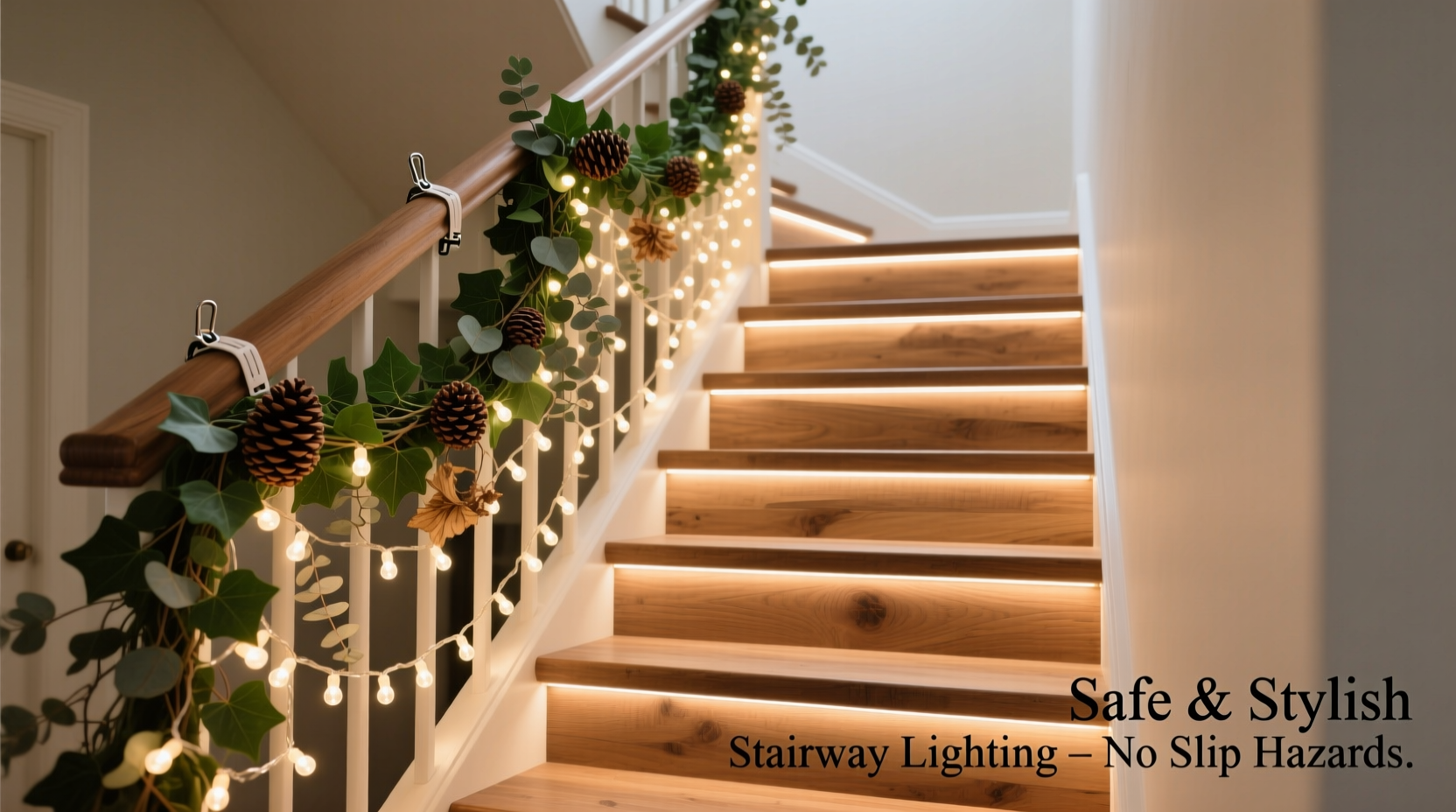 how to layer garland and lights on staircases without slipping hazards