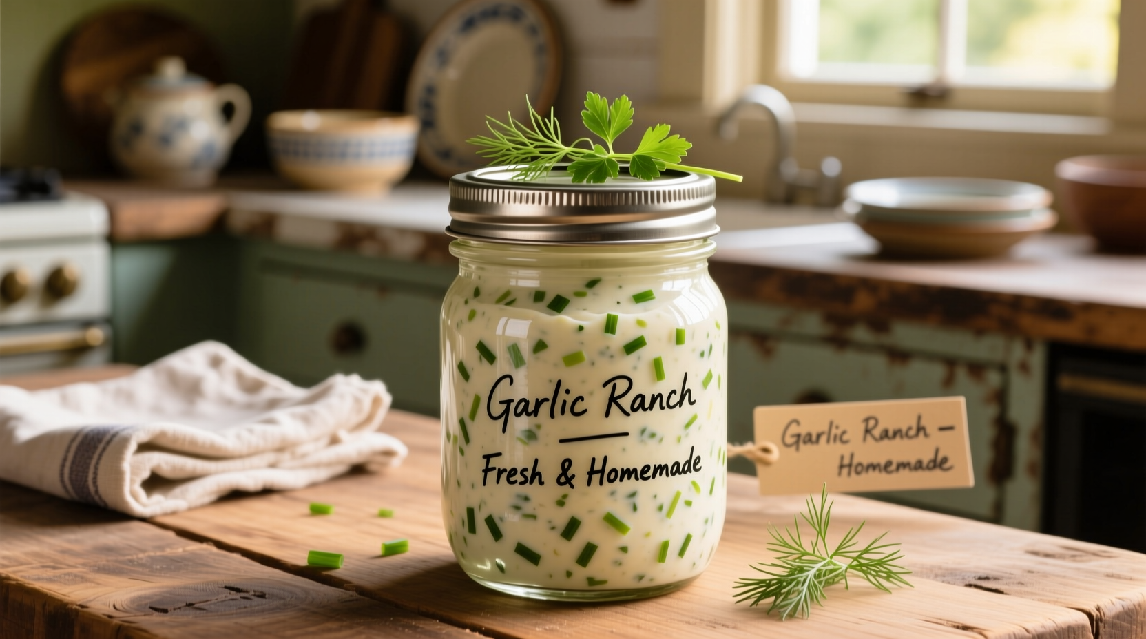 Homemade garlic ranch sauce in mason jar with fresh herbs