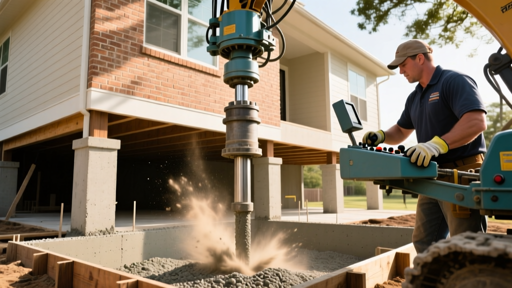 Contractor operating a hydraulic press to install concrete foundation pilings beneath a raised Houston suburban home with brick veneer