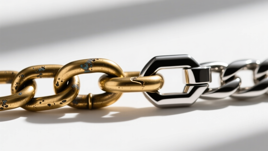Macro shot comparing a tarnished brass gold-plated chain link to a pristine PVD-coated stainless steel Figaro chain link.