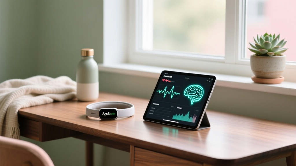 A serene home wellness corner featuring a neatly organized desk with an Apollo Neuro wearable, Muse headband, and a tablet displaying biometric data.