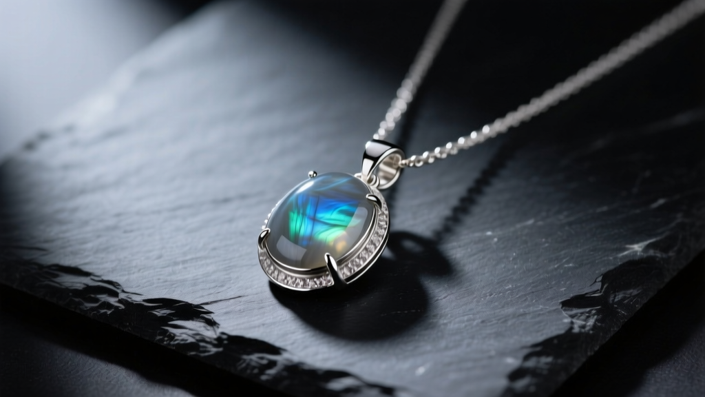 Silver pendant necklace with a polished grey labradorite cabochon resting on dark slate under soft, moody directional lighting
